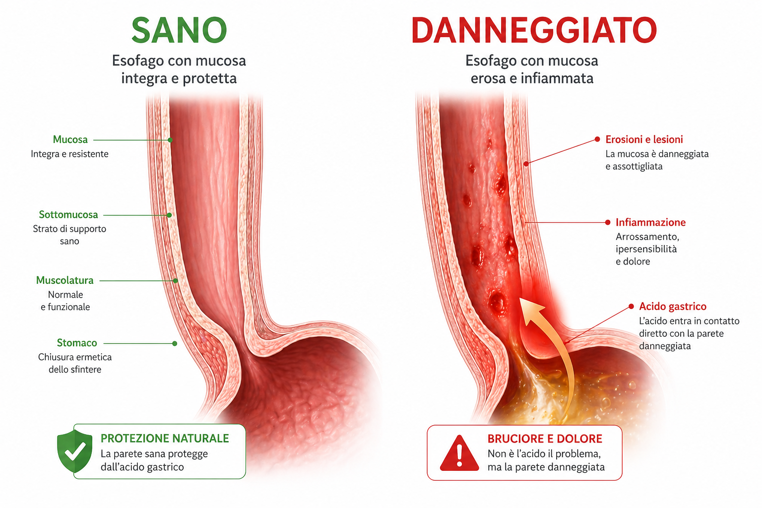 Illustrazione esofago sano versus esofago danneggiato