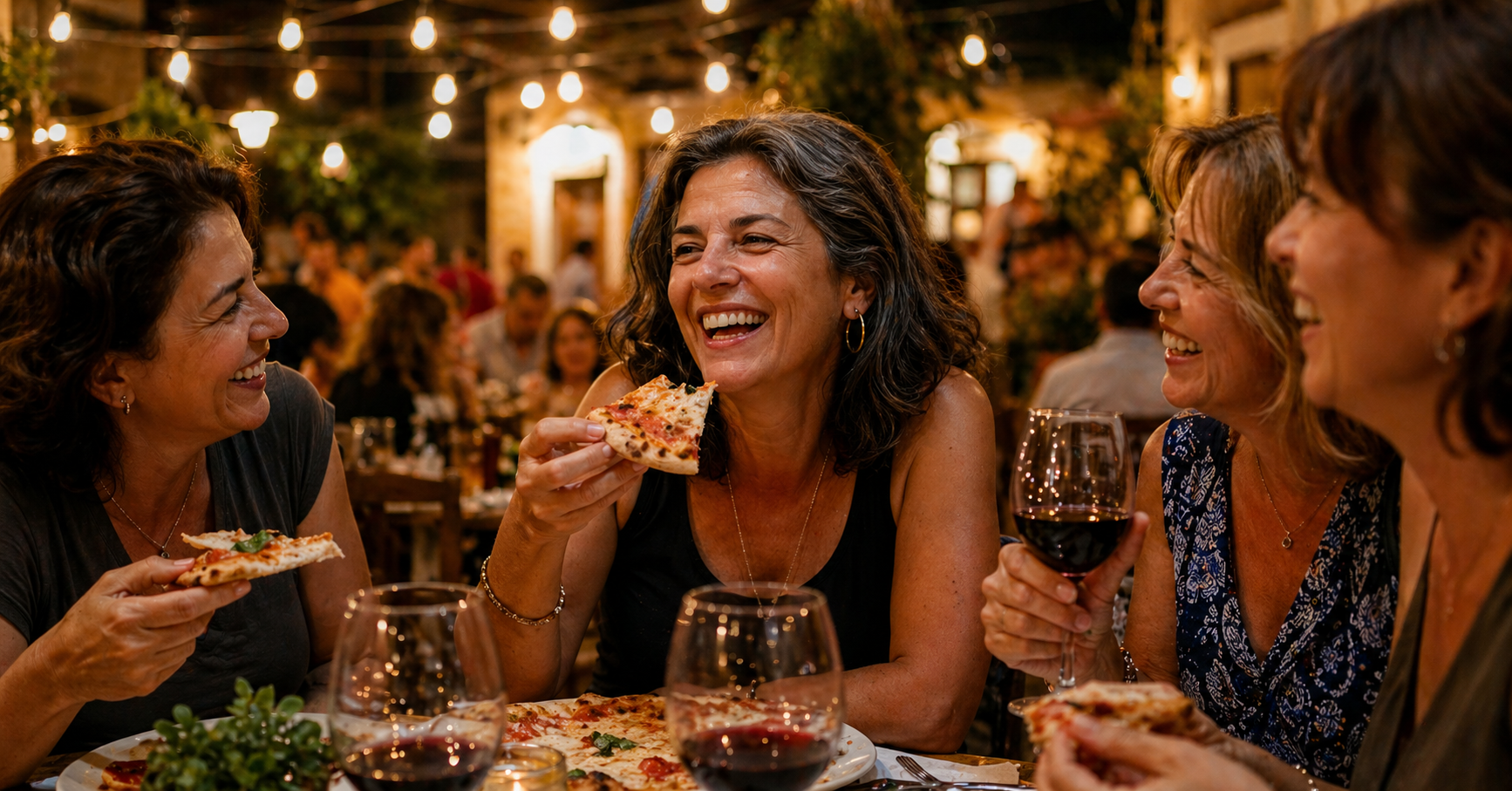 Maria felice che mangia pizza con le amiche