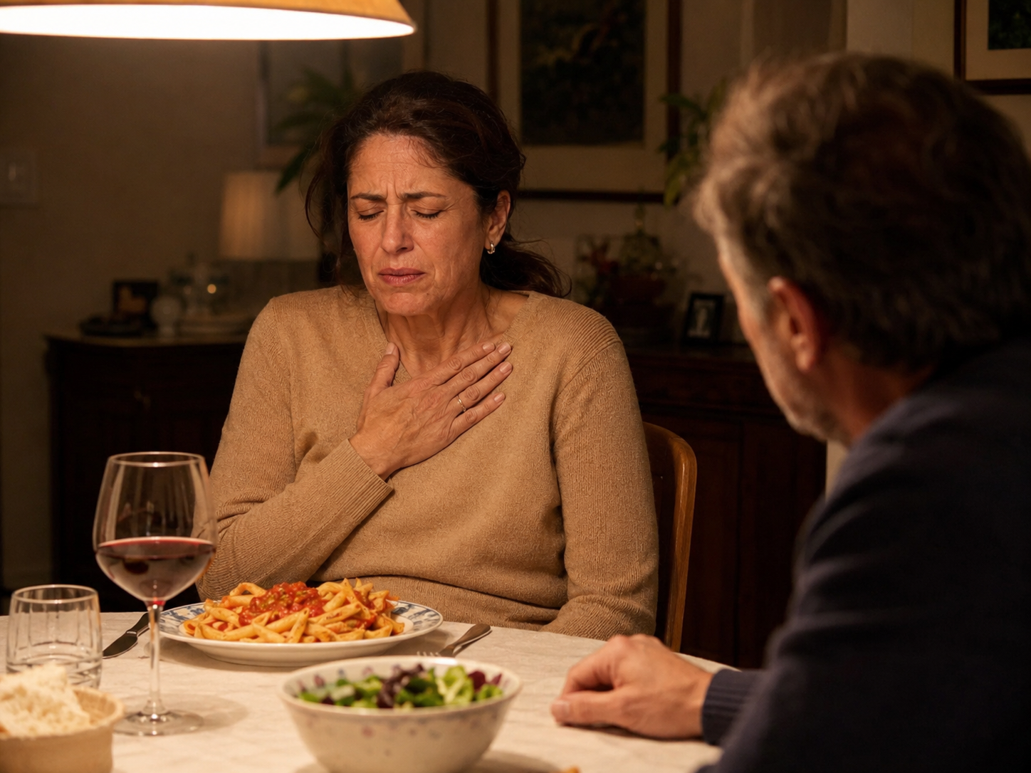 Donna con sintomi di reflusso dopo cena