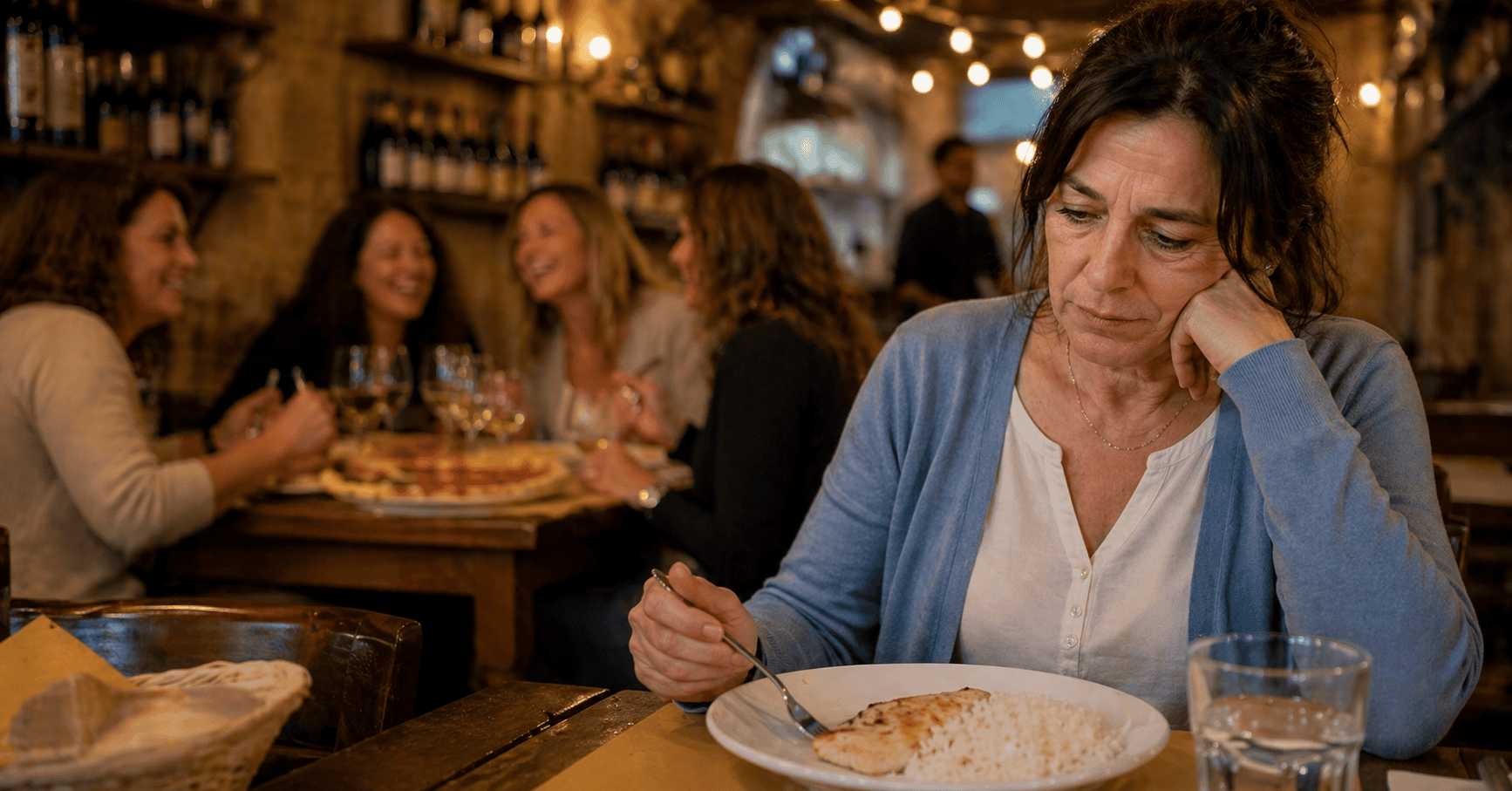 Donna sola al ristorante mentre le amiche ridono sullo sfondo