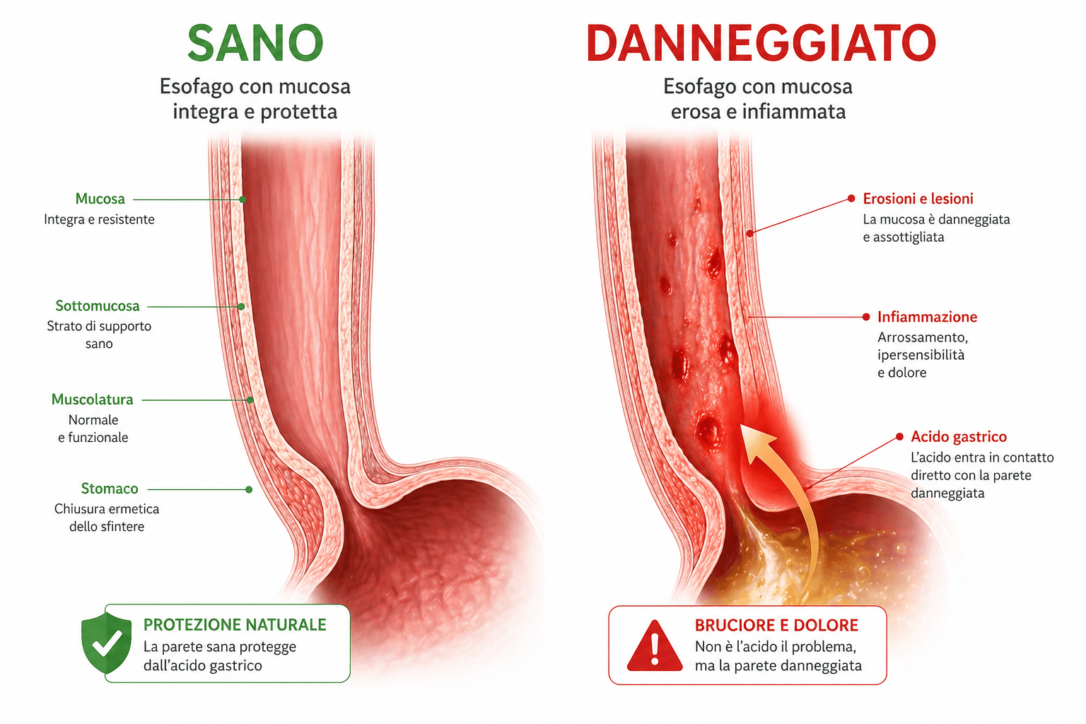 Illustrazione esofago sano versus esofago danneggiato