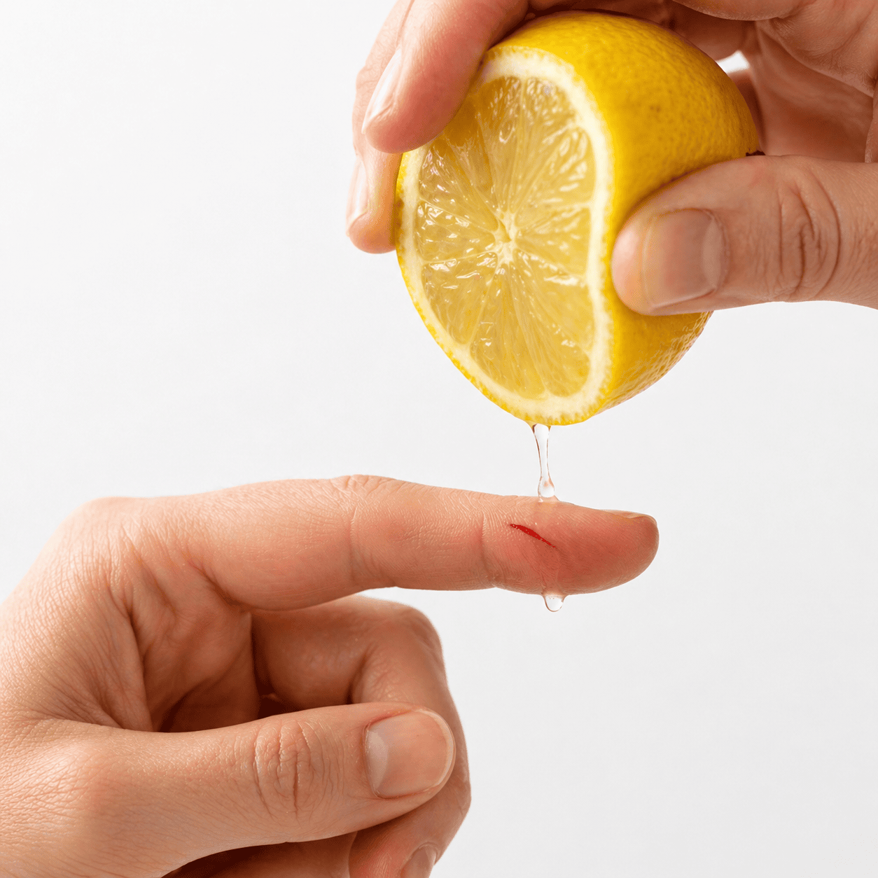 Limone spremuto sopra un taglio sulla mano