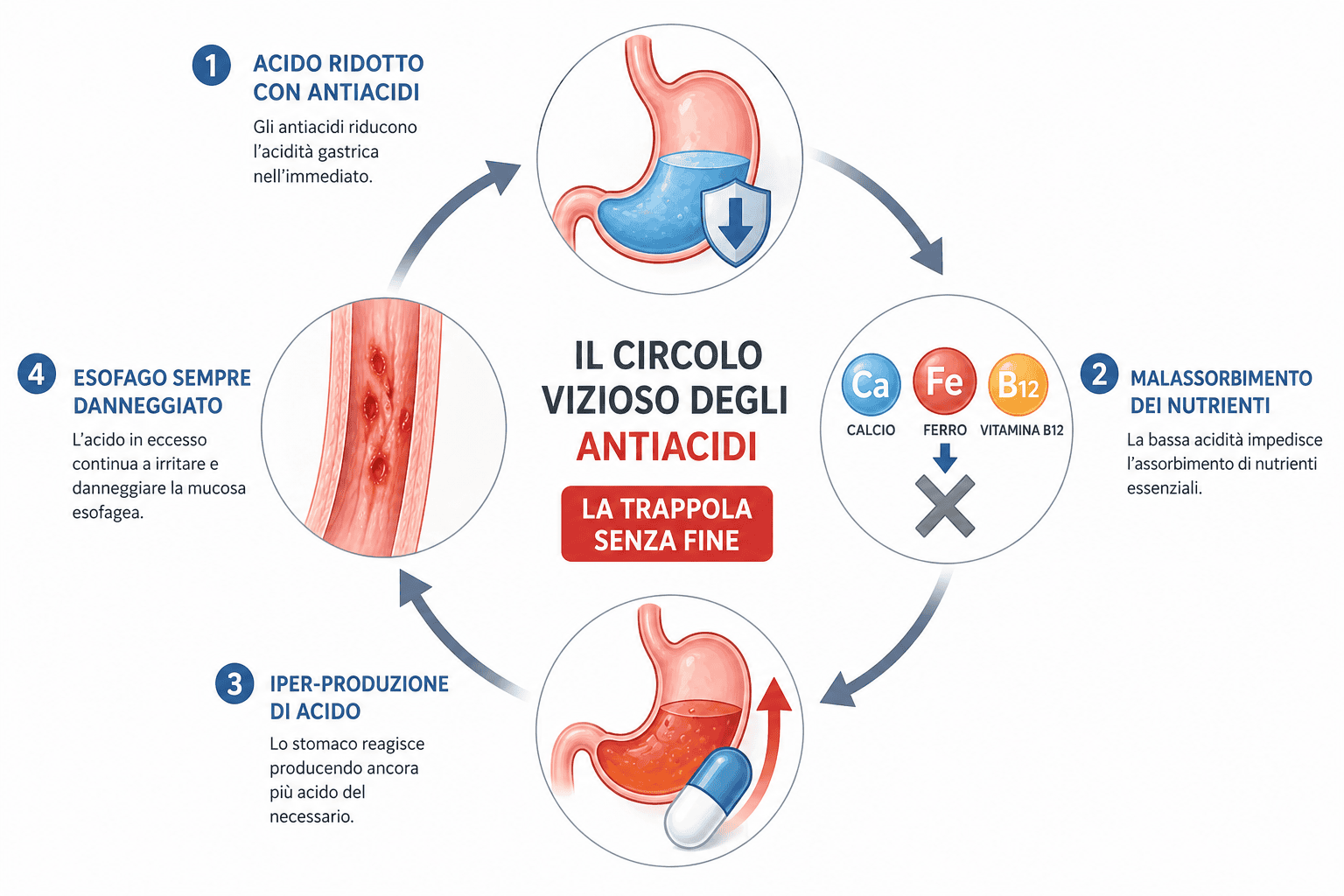 Infografica circolo vizioso degli antiacidi
