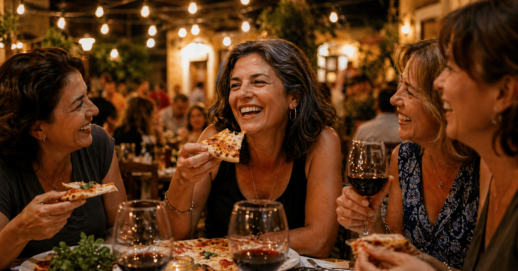 Maria felice che mangia pizza con le amiche